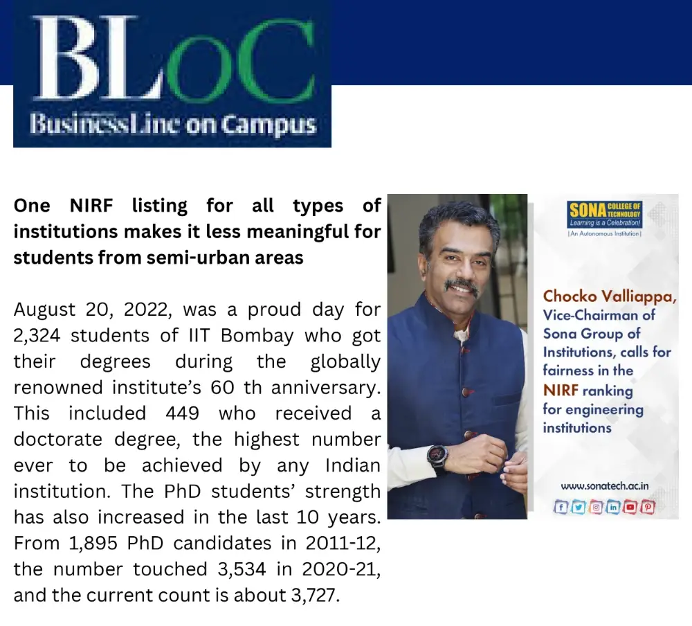 Chocko Valliappa, calls for fairness in the NIRF Ranking for engineering institutions
