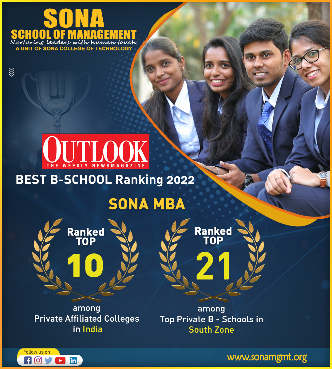 Sona School of Management, has been Ranked Top 21 among Top Private B Schools in South zone