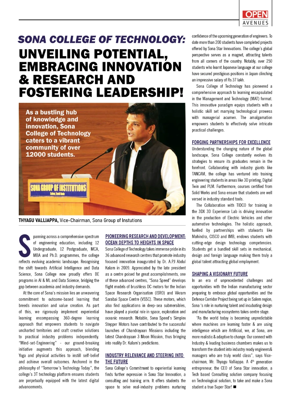Sonatech : Unveiling Potential,Embracing Innovation & Research and Fostering Leadership! says Mr.Thyagu Valliappa